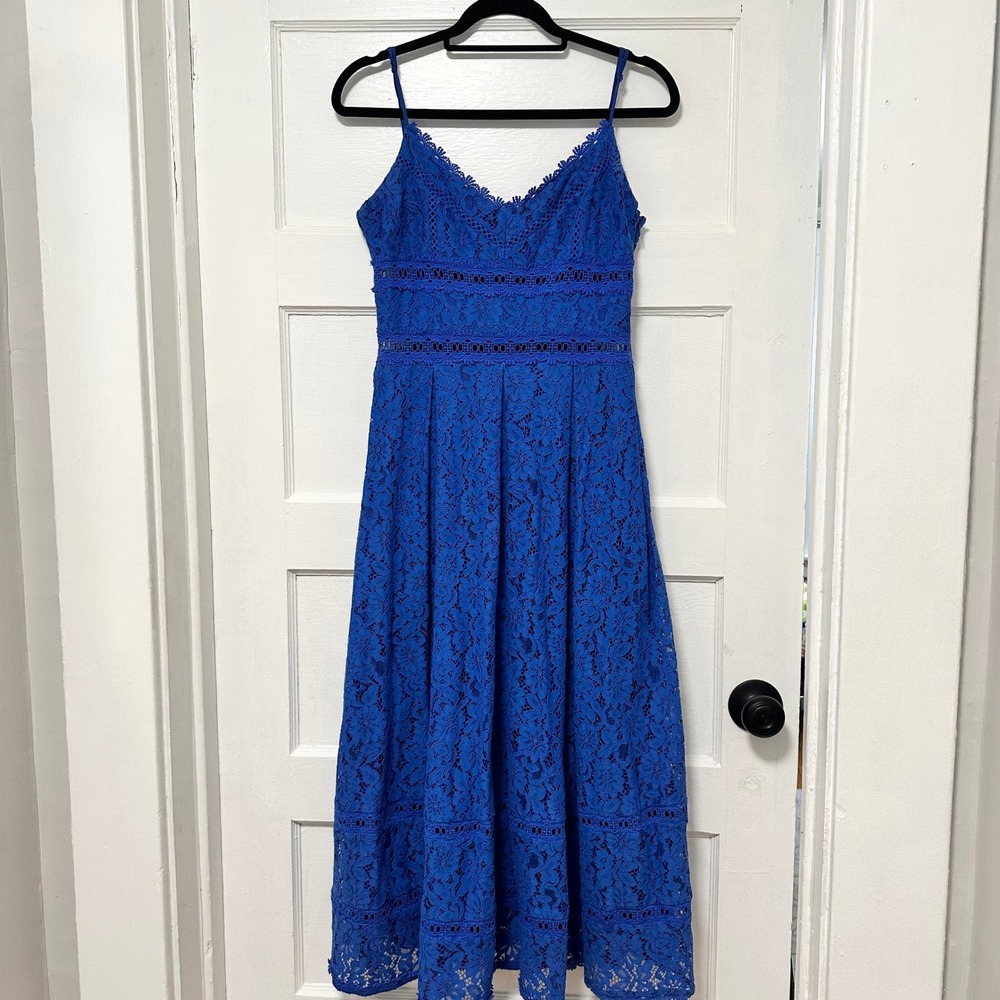 NSR Cobalt Lace Spaghetti-Strap Midi Dress